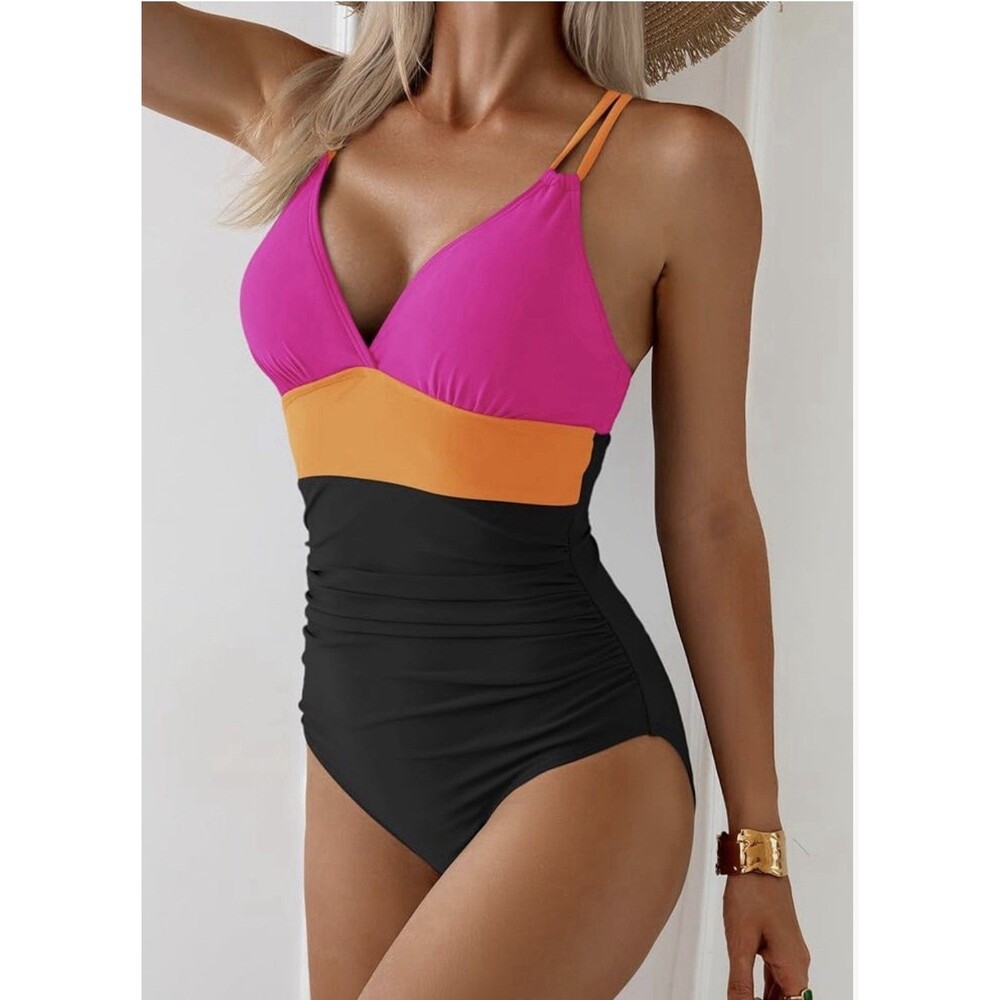 Women's One Piece Color Block Swimsuit Tummy Control Slimming V Neck size large